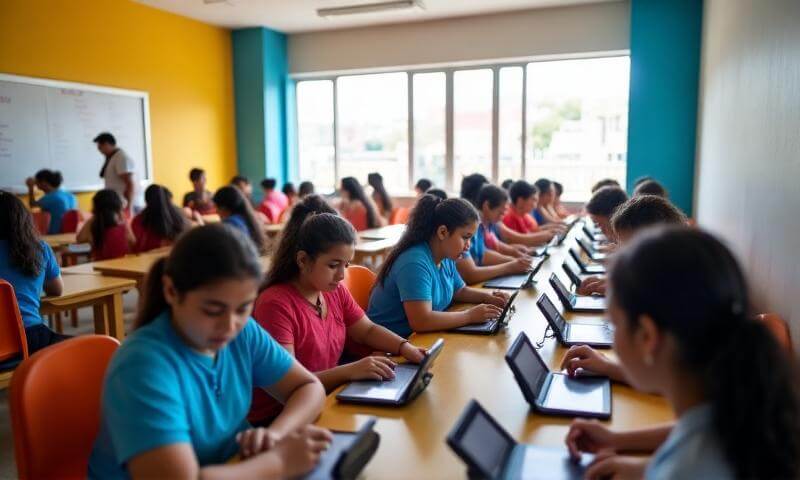 Estudiantes tabasqueños en aula moderna con acceso a tecnología educativa